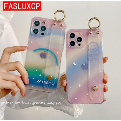 Fashion Gradient Rainbow Smile Soft Wrist Strap Clear Phone Holder Case for Funda iPhone 12 Pro Max 11 SE 2020 XR XS X 7 8 Plus