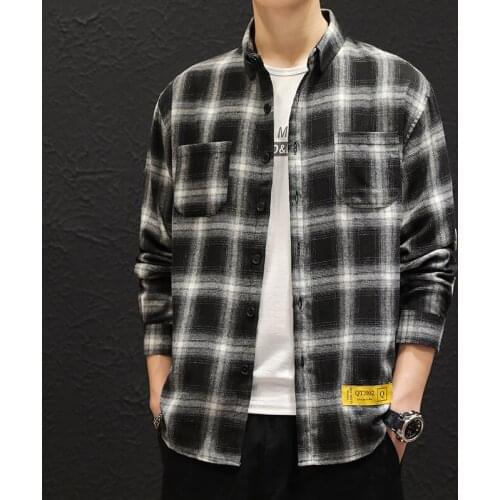 Classical Plaid Shirt Men Trendy Streetwear Man Clothing Casual Long Sleeve Shirts Pockets Patch Design checkered Shirts Male
