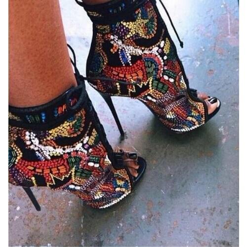 Hot Selling Women Multi-color Crystal Ankle Boots Open Toe Lace-up Exquisite Colorized Rhinestone Booties Extremely High Heels