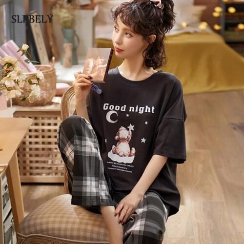 SLPBELY Women Pajamas Set Homewear Cartoon Star Moon Short Sleeve O Neck Summer Sleepwear Trouser Suits Homesuit Pyjamas Pijamas