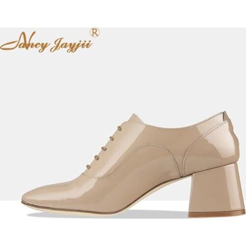 Female Shoes Woman Adult Lady Pumps Solid High Square heels Square Toe Lace-Up Cross-tied Casual Basic Fashion Leisure 2019
