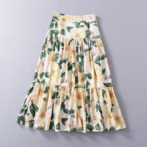 European and American womens clothing new 2021 spring Floral print fashion Pleated yellow skirt