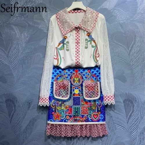 Seifrmann New 2021 Summer Women Fashion Runway Skirts Set Lantern Sleeve Lace Loose Blouses + High Waist Pockets Skirts Suits