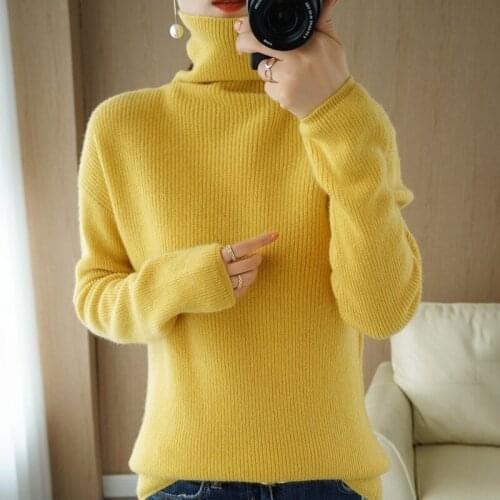Autumn and Winter New Womens High Neck Thick Pure Color Cashmere Sweater Pullover Neck Knitted 100% Wool Bottoming Sweater