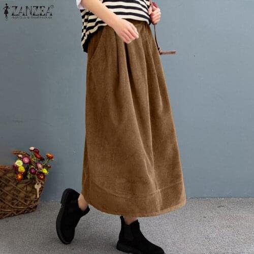 Oversize Womens Autumn Sundress ZANZEA 2021 Kaftan Corduroy Skirts Casual Elastic Waist Maxi Vestidos Female Solid Robe Femme