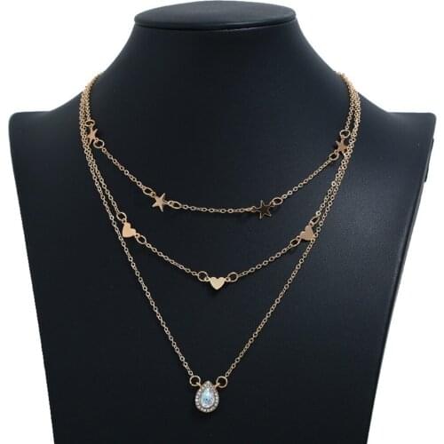 Women Layered Necklace Star Heart Pendant Necklace Bohemian Multi layer Pendant Necklaces Charm Chains Necklace Jewelry