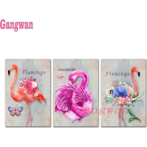5D DIY diamond embroidery Pink Flamingo pictures 3 pcs diamond painting Cross Stitch full square round Rhinestone mosaic decor