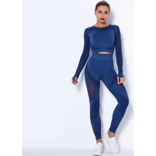 Hollow out Women Sport Suit Yoga Set Workout Clothes Sport Wear Long Sleeve Fitness Crop Top + High Waist Seamless GYM Leggings