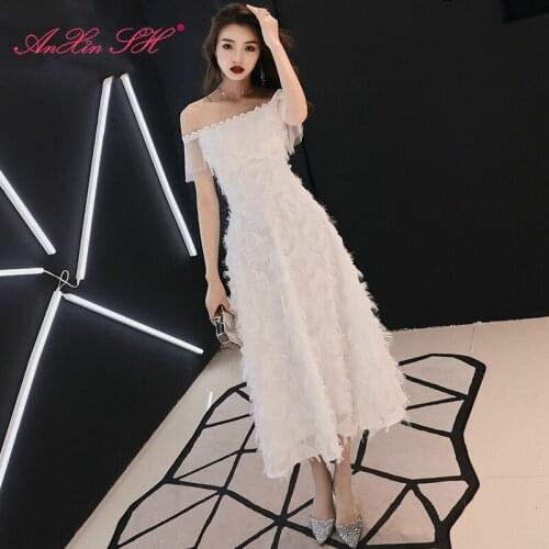 AXJFU princess white lace ruffles evening dress vintage boat neck feather illusion white evening dress little white dress