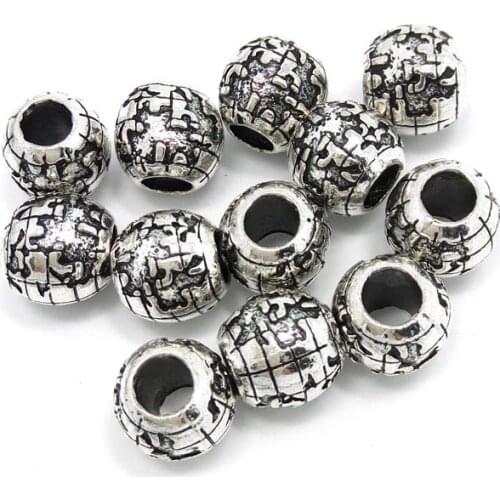 Free Shipping 50pcs 11mm antique silver plated world map design big hole alloy beads fit European bracelets DIY