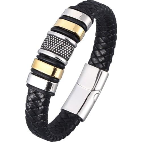 Classic Punk Stainless Steel Magnetic Metal Clasp Men Wristband Jewelry Black Genuine Leather Wrist Bracelet 3 Colors PD0973
