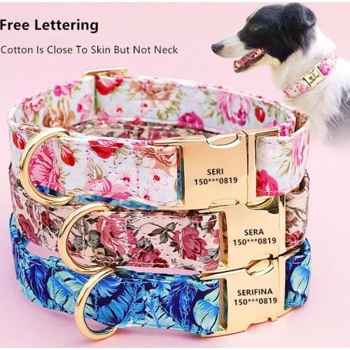 Custom Flower Girl Dog Bow Tie Collar For Female Puppy Floral Pattern Engraved Pet Personalised Gold Buckle Adjustable Id