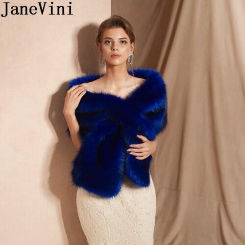 JaneVini Royal Blue Faux Fur Wrap Shawl Wedding Bolero Cape for Women Bridal Wrap Jacket Winter Warm Fake Fur Capes Stoles 2019