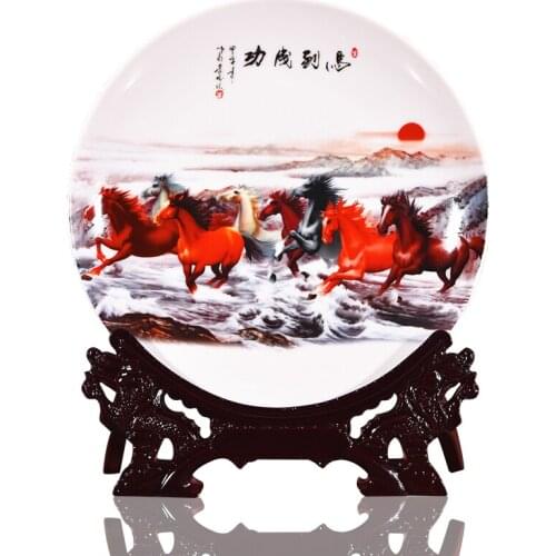 Jingdezhen ceramics horse hanging plate home living room decoration plate office decoration porcelain plate wine cabinet