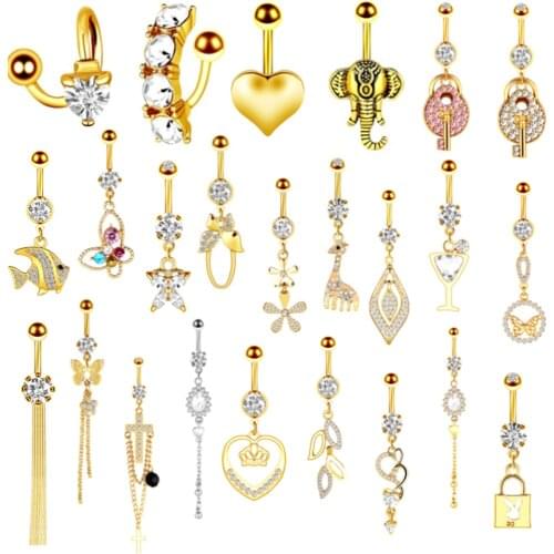 1/2PCS Gold Heart Cute Belly Button Ring Surgical Steel Butterfly Navel Piercing Sexy Jewelry Belly Bar Piercing Nombril Titane
