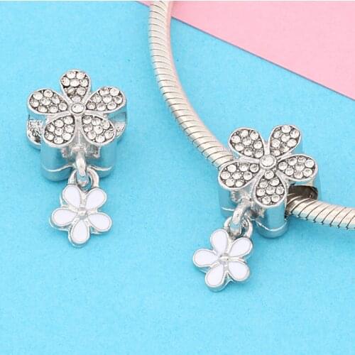 Leabyl Fashion White Crystal Petal Flower Charms fit Bracelets Bangles White Enamel Pendant Bead for DIY Jewelry 2 Pcs/Lot