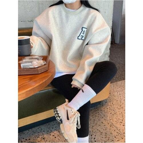 2021fashion autumn and winter simple age reduction college style loose letters flocking thick round neck casual pullover sweater