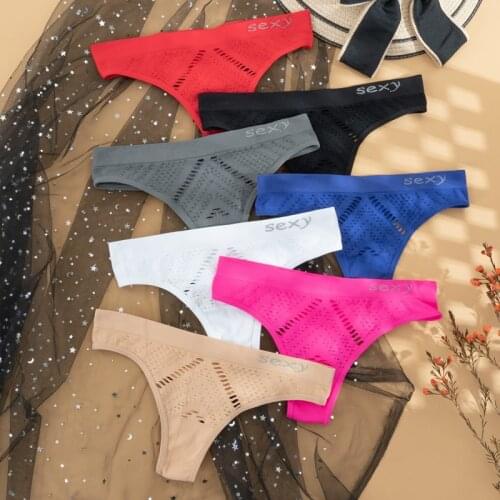 Womens Underwear Panties Sexy Hollow Out Mesh Thong Middle-Waist Breathable Comfortable T back Female Solid Color G-String