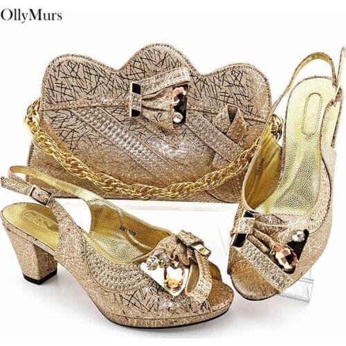 Newest Nigerian Rhinestone High Heels 7.5CM Shoes With Bag Set Bag Set Ladies Style Shoes And Bag Set For Wedding Party