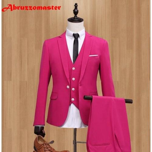 2020 New Slim Fit Notched Lapel Prom Pink Men Suit Terno Slim Fit Terno Masculino Wedding Suits for Men (Jacket+Vest+Pant)