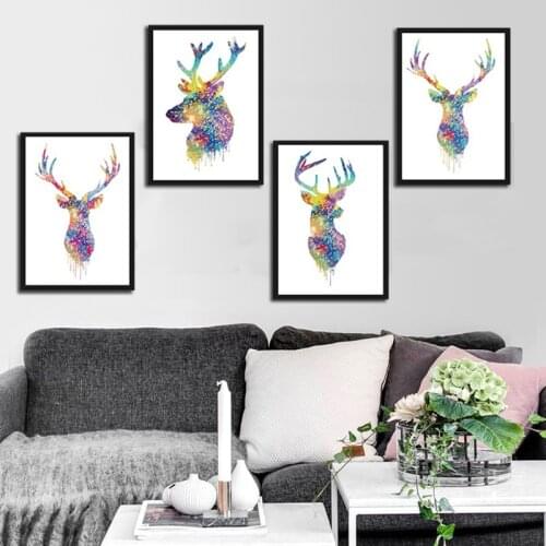 Creative Combination of Colorful Elk Deer Head Animals Forest Canvas Painting Wall Room Spray Color Poster Pictures Decoration