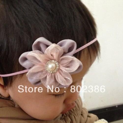 Pink Grey Shabby Chic Flower Skinny Headband