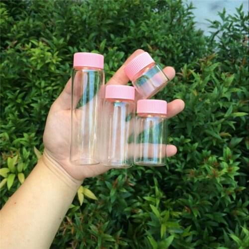 Glass Bottles Plastic Cap Pink Screw Transparent Glass Vials Plastic Bottle 20ml 50ml 65ml 90ml Jars Bottles 24pcs Free Shipping