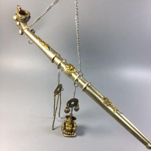 Tibet Miao Silver Brass Copper Old Hand Buddha Gold-Plating Deco Smoking Pipe Bell Statues for Decoration Collection Ornaments