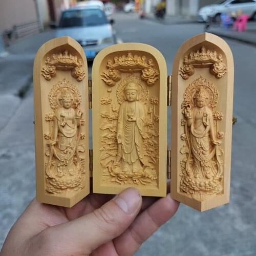 Wood carving Decoration,namo buddha amitabha Buddhism three open box, Buddha, Guanyin, the West three St. crafts(A273)