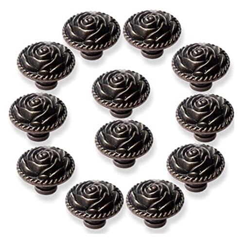 Vintage Rose Cabinet Knobs Antique Bronze Cupboard Dresser Door Pull Round Zinc Alloy Knob Drawer Handles with 3 Sized Screws