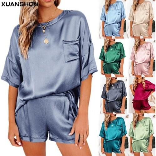 XUANSHOW Women Loungwear Solid Color Satin Pajamas Set Loose Home Wear Short Sleeves Tops and Shorts Irregular Two-piece Suit