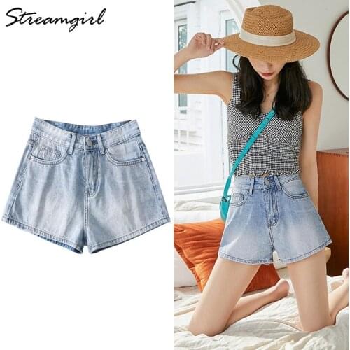 Streangirl Denim Shorts For Women Summer Casual Loose Denim Light Blue Cotton High Waist Short Jeans Shorts Woman Sexy Summer