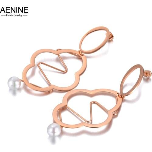 AENINE Hyperbole 316L Stainless Steel White Pearl Geometry Earrings Rose Gold Trendy Bohemia Party Earrings For Women AE20193