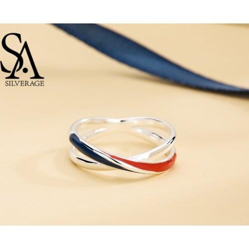 SA SILVERAGE 925 Sterling Silver Europa Wedding Rings for Women Silver 925 Blue/Red Stripe Rings For Women Fine Jewelry