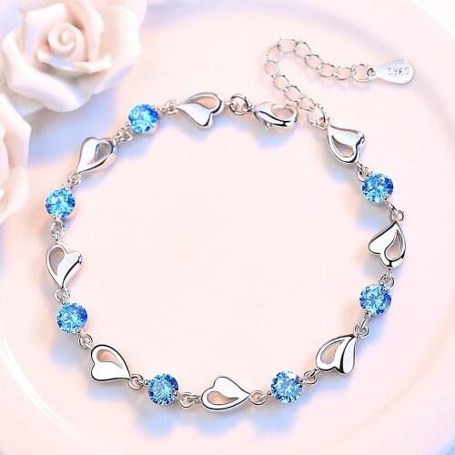 High Quality Silver Color Jewelry Hollow Love Heart Shaped Blue/pink/white Cubic Zirconia Bracelet for Women Length 17+4