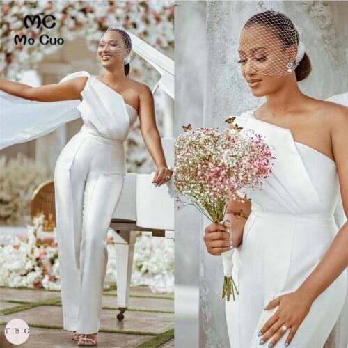 African Plus Size Wedding Dresses Jumpsuits One Shoulder Pleat Ruffles Wedding Dress Plus Size Beach Robes De Marié