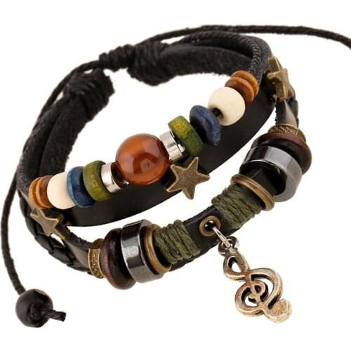 2017 Vintage Silver Plated Creative musical note Pendant Genuine Leather Rope Beaded Bangle & Bracelet Women Men Jewelry FS084