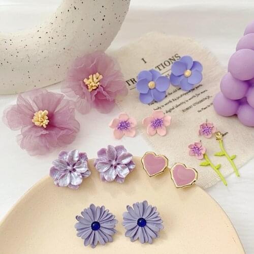 2020 Summer Fairy Purple Resin Yarn Flower Earrings for Women Girl Metal Arcylic Heart Big Drop Dangle Earrings Holiday Jewelry