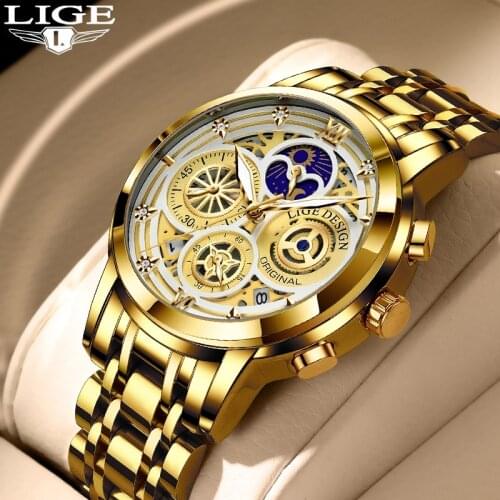 LIGE 2021 Mens Watches Stainless Steel Quartz Watch Man Brand Luxury Moon Phase Wristwatches Waterproof Men Chronograph Relogios