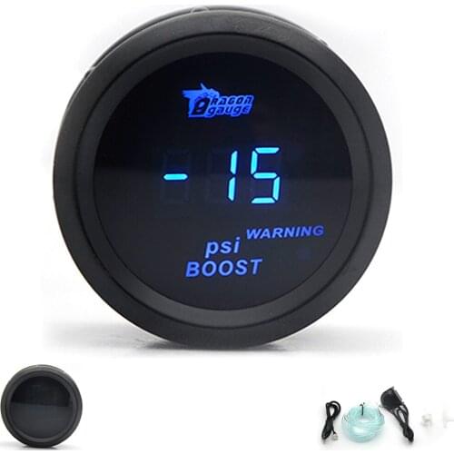 DRAGON GAUGE 52MM Boost Turbo Gauge Black Color Digital Blue Led -14-29PSI