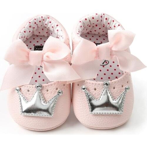 Baby Girl PU Leather Shoes Kid Moccasins First Walkers Crown Bow Soft Soled Non-slip Footwear Crib Shoes