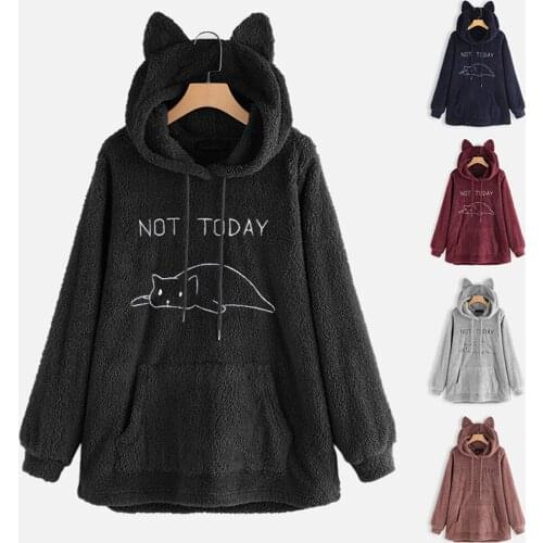 Oversize Hoodie Womens Fleece Teddy Hoodies Cat Ear Print Warm Hooded Pullover Top Sweatshirts Jumper Women Hoodie Sweatshirts