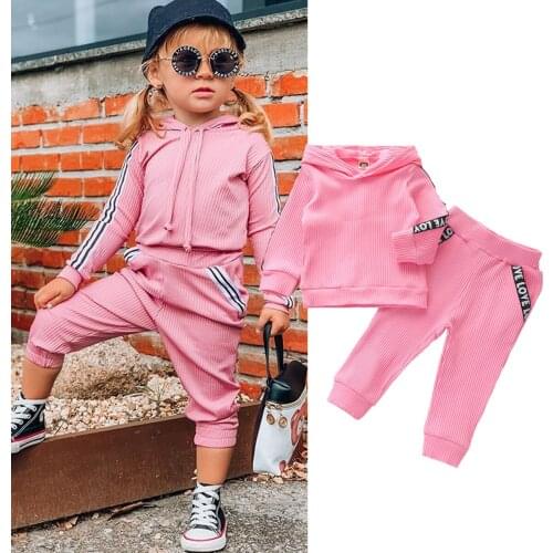 Pudcoco 2 Pieces Baby Solid Color Suit Set Letter Print Long Sleeve Hooded Top and Long Trousers for Girls 6 Months to 4 Years