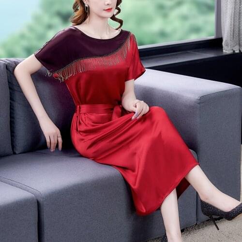 Summer Red Patchwork Mulberry Silk Satin Midi Dress 2021 Elegant Vintage 4XL Plus Size Dress Women Casual Bodycon Party Vestidos