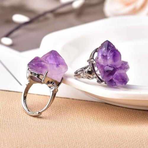 Fashion Natural Amethyst Cluster Ring Mineral Jewelry Ornaments Wedding Gifts Gemstone Healing Meditation Decoration Souvenir