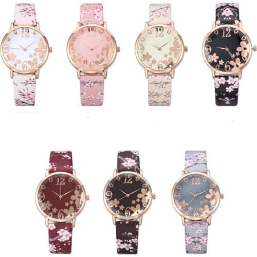 Women Fashion Quartz Watch Embossed Flowers Small Fresh Printed Belt Student Casual Ladies Watch Montre Femme Reloj Mujer