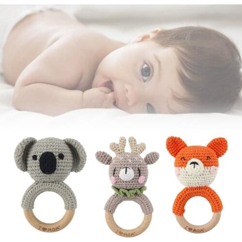 Cartoon Crochet Animal Koala/Elk Rattle Baby Wooden Teether Ring Infant Teething Nursing Soother Toys for Newborn