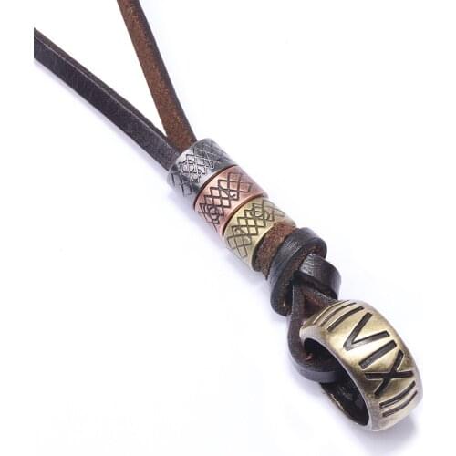 New 65CM Adjustable Roman Numerals Alloy Circle Genuine Leather Necklaces Cord Long Necklace Chain jewelry Women Men Punk Biker