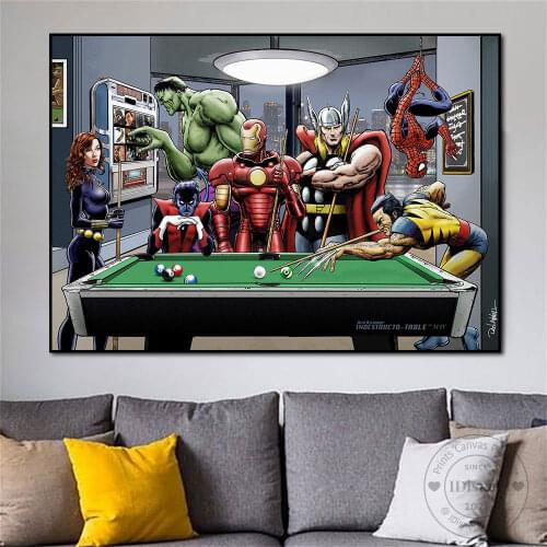 Marvel Superheroes Relax Playing Pool Poster Prints Wall Art lack Widow Hulk Iron Man Canvas Painting For Living Room Home Decor