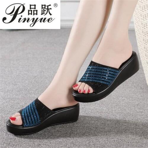 Genuine Leather Womens Shoes Summer Platform Sandals Plus Size 40 Rhinestone Casual Wedges Slippers Slides
